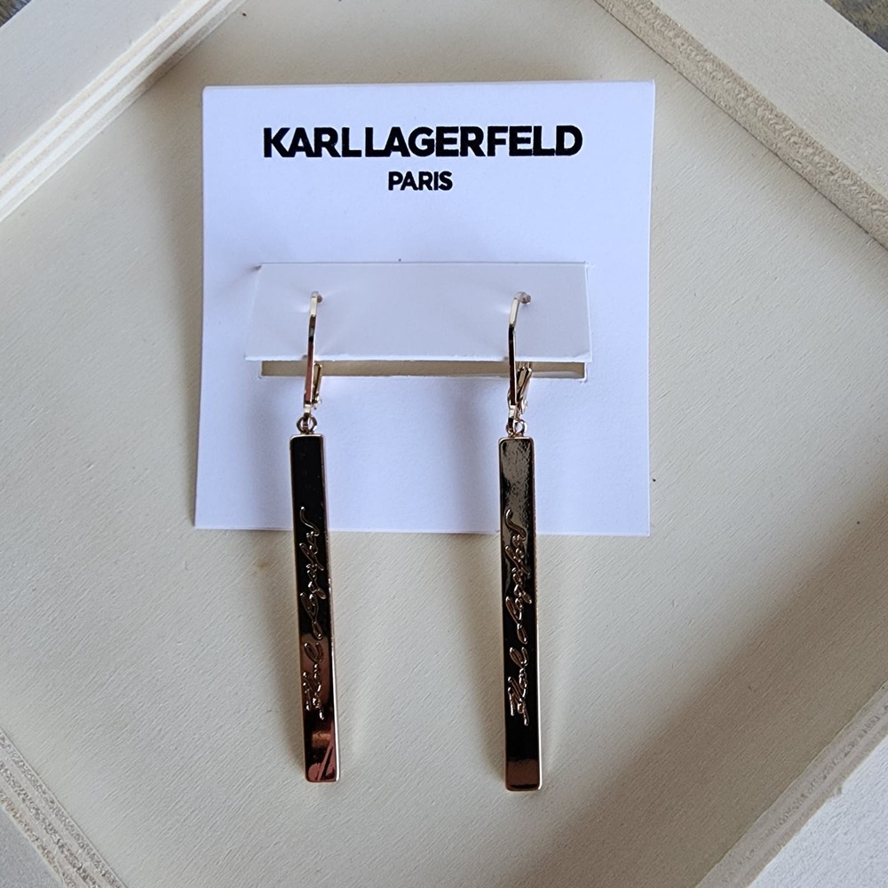 Karl Lagerfeld Signature Bar Drop Earrings Gold Tone Classic Designer Minimalist